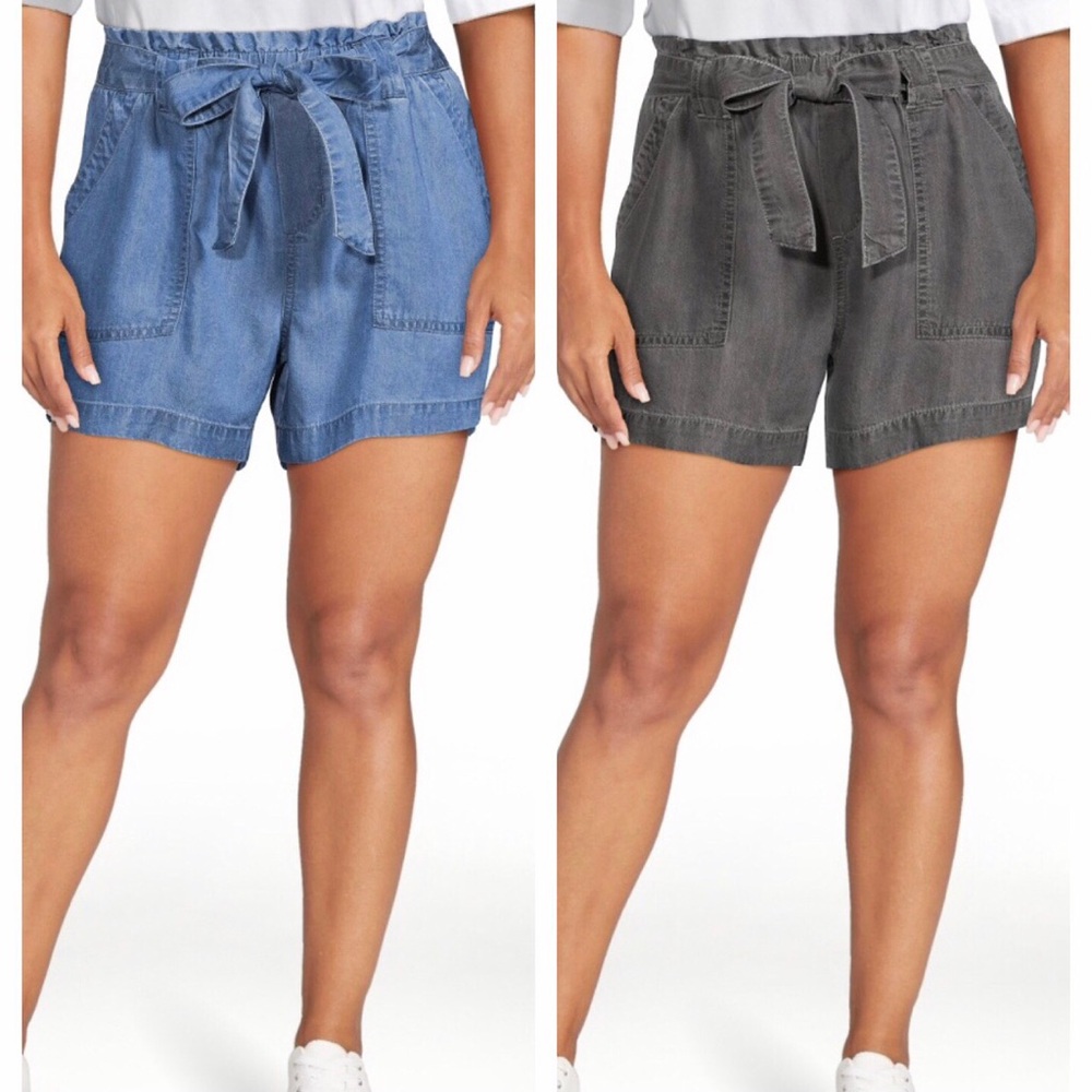 Paperbag Tie-Waist Denim Shorts in Blue and Gray